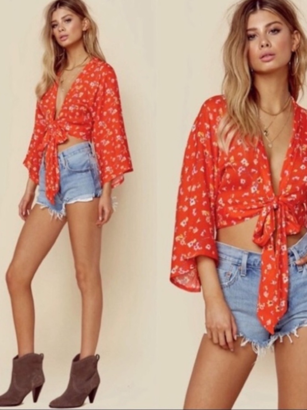 Blue Life Size Small Red Tie-Front Crop Blouse